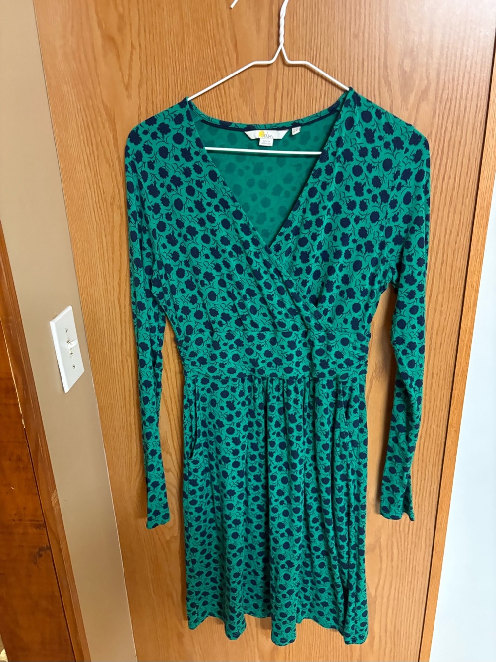 Boden Teal Green Wrap Dress with Navy Spot Print